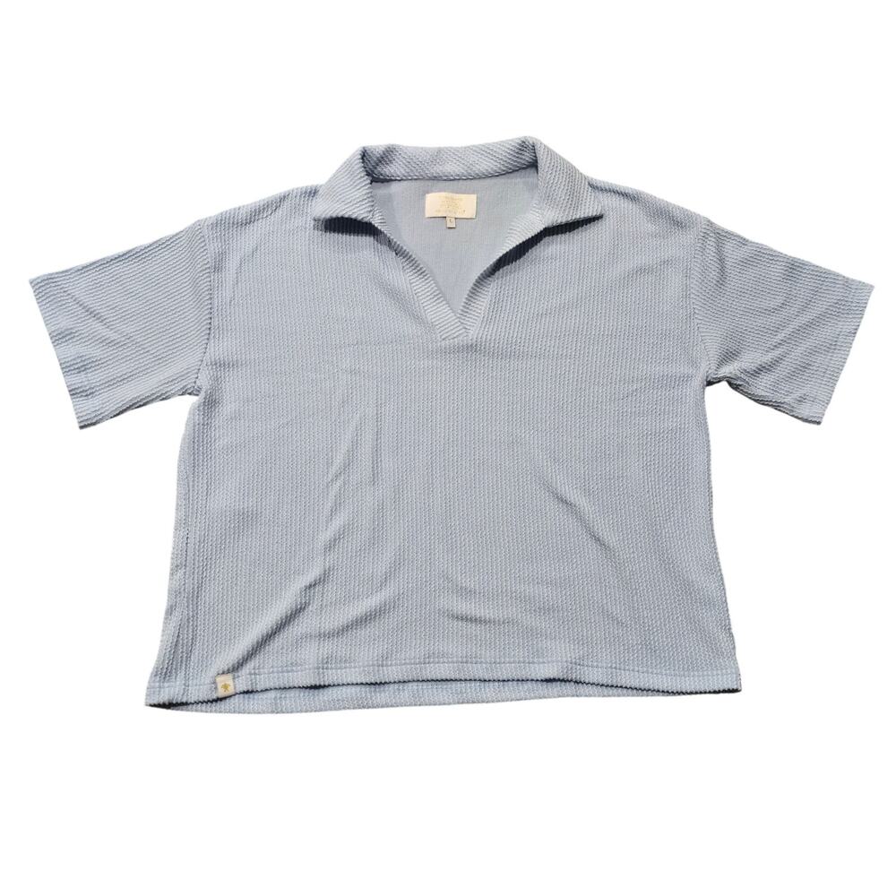 Simply Southern Waffle Knit Johnny Collar Polo Tee Shirt Ice Blue